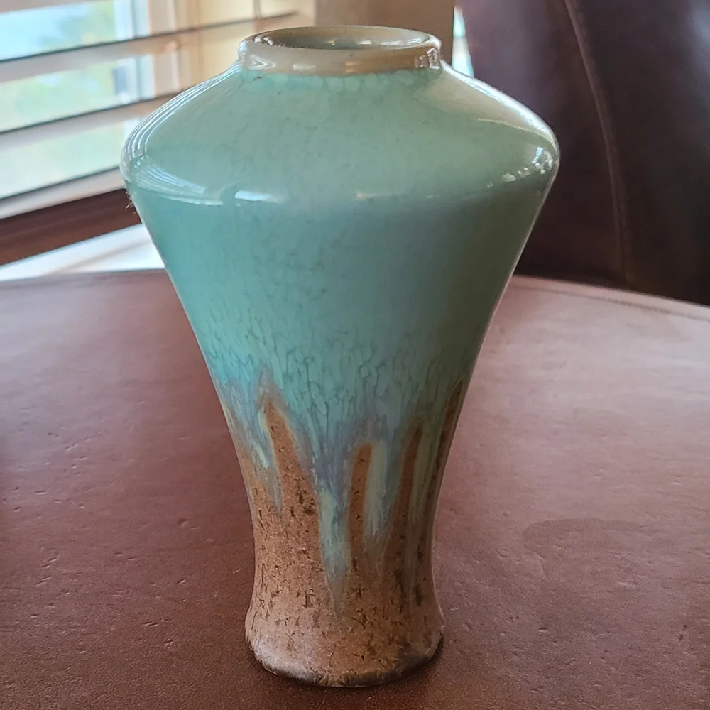 Arts & Crafts style studio pottery vase with beautiful soft blue and brown glaze